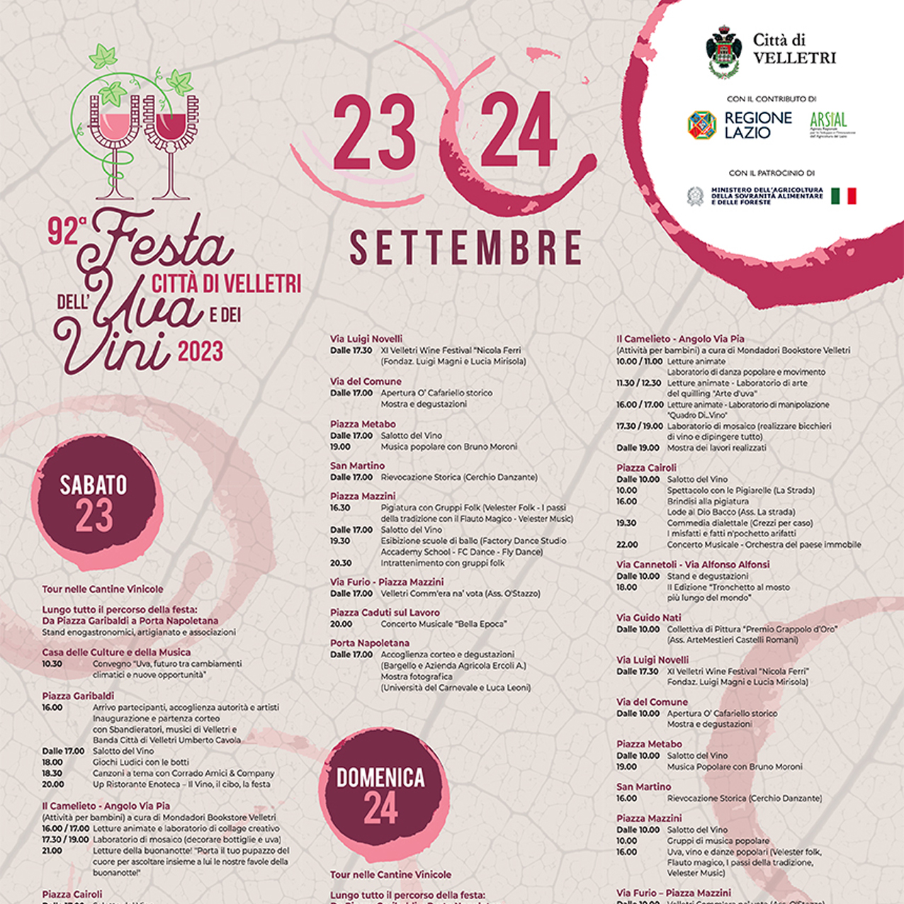 Ecco il programma ufficiale della 92esima Festa dell’Uva e dei Vini a Velletri (Sabato 30 Settembre e domenica 01 Ottobre)